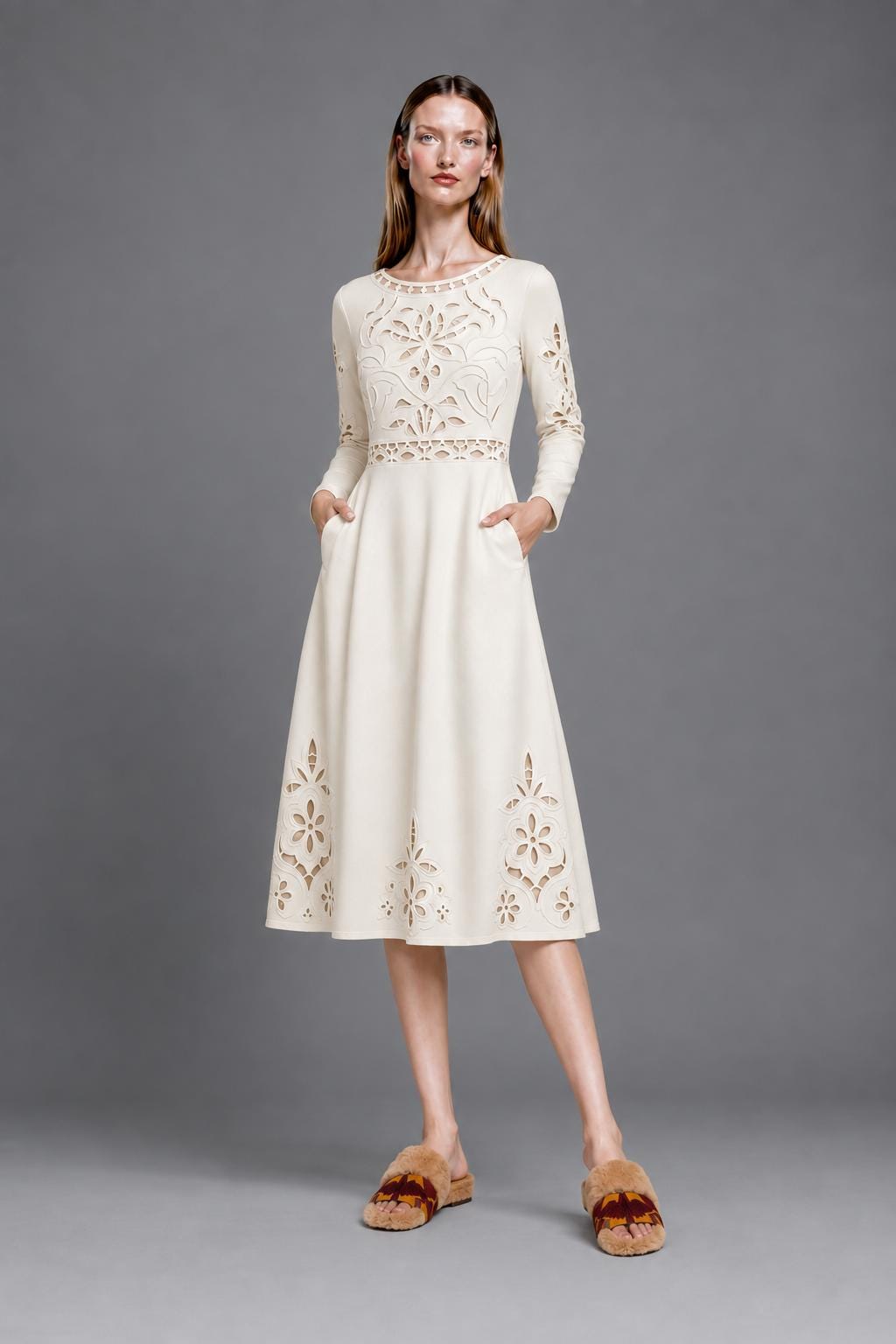 Ivory Midi Dress with Eyelet-Look Floral Print, Long Sleeves and Pockets