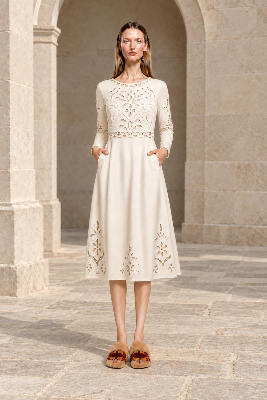 Ivory Midi Dress with Eyelet-Look Floral Print, Long Sleeves and Pockets