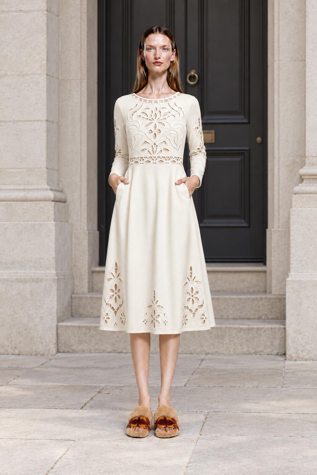 Ivory Midi Dress with Eyelet-Look Floral Print, Long Sleeves and Pockets