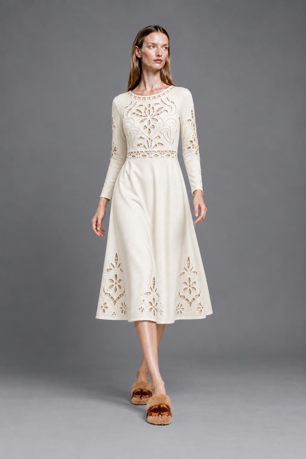 Ivory Midi Dress with Eyelet-Look Floral Print, Long Sleeves and Pockets
