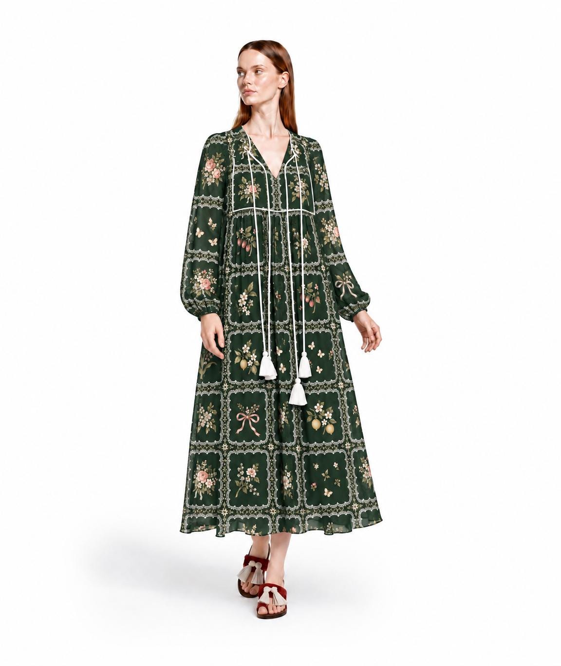 Navy Floral Maxi Dress with Lace-Look Print, Long Sleeves and Tassel Ties