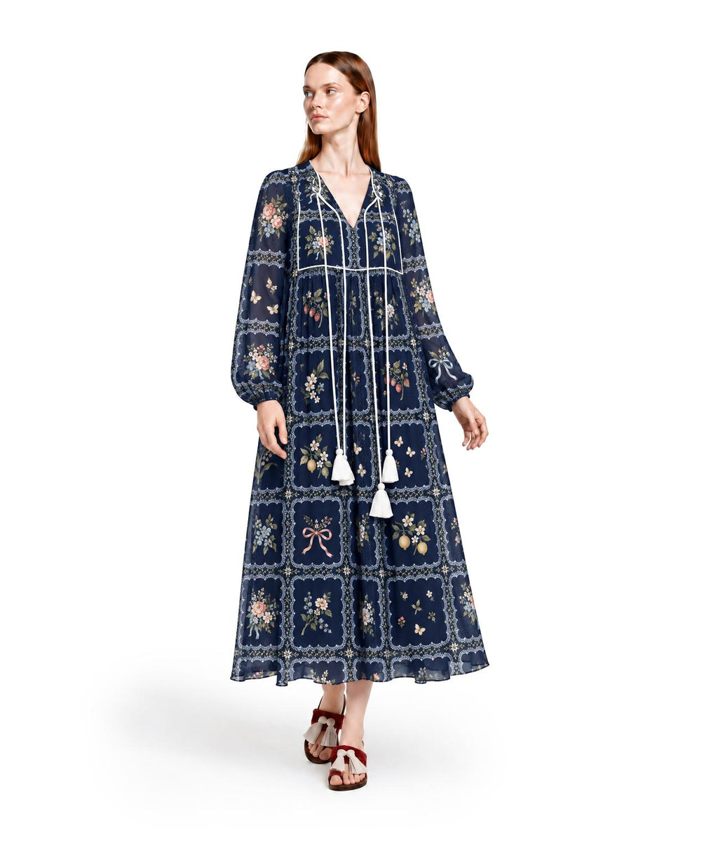 Navy Floral Maxi Dress with Lace-Look Print, Long Sleeves and Tassel Ties