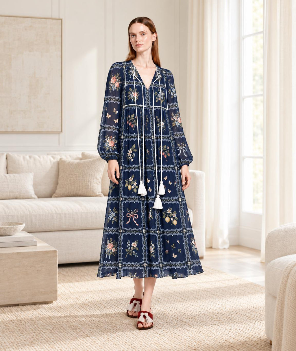 Navy Floral Maxi Dress with Lace-Look Print, Long Sleeves and Tassel Ties