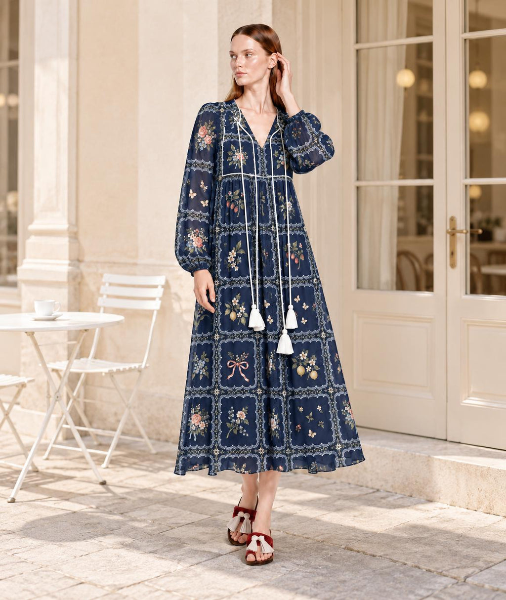 Navy Floral Maxi Dress with Lace-Look Print, Long Sleeves and Tassel Ties