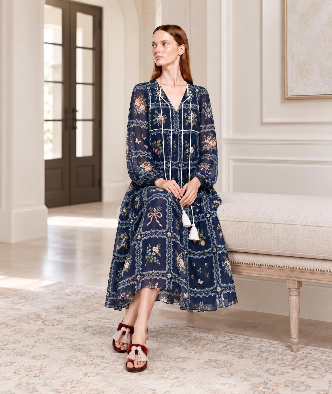 Navy Floral Maxi Dress with Lace-Look Print, Long Sleeves and Tassel Ties