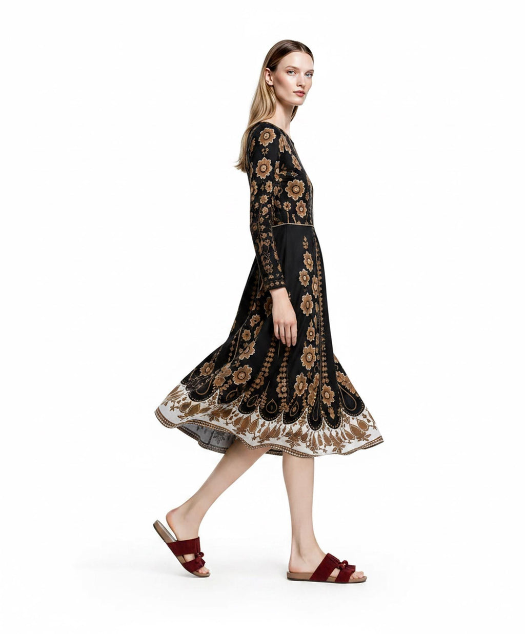 Black Brown Floral Midi Dress, Long Sleeve A-Line with Pockets, Modest Fall Outfit