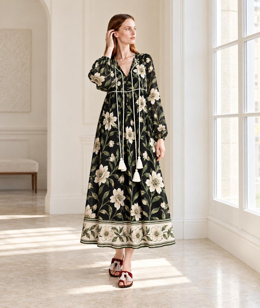Black Floral Long Sleeve Dress with Ivory Botanical Border Print and V Neck