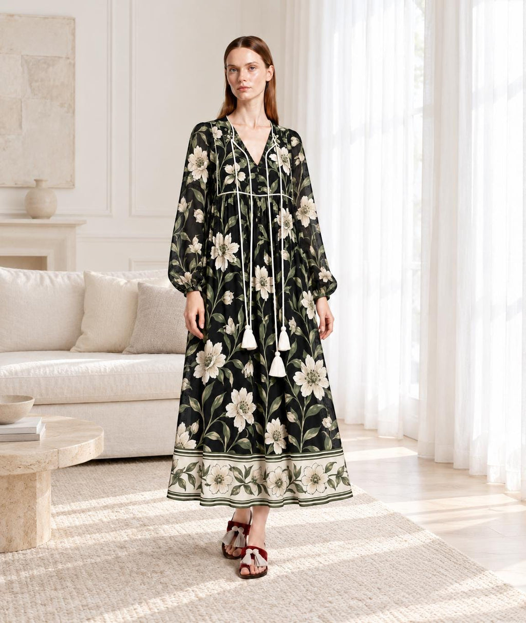 Black Floral Long Sleeve Dress with Ivory Botanical Border Print and V Neck