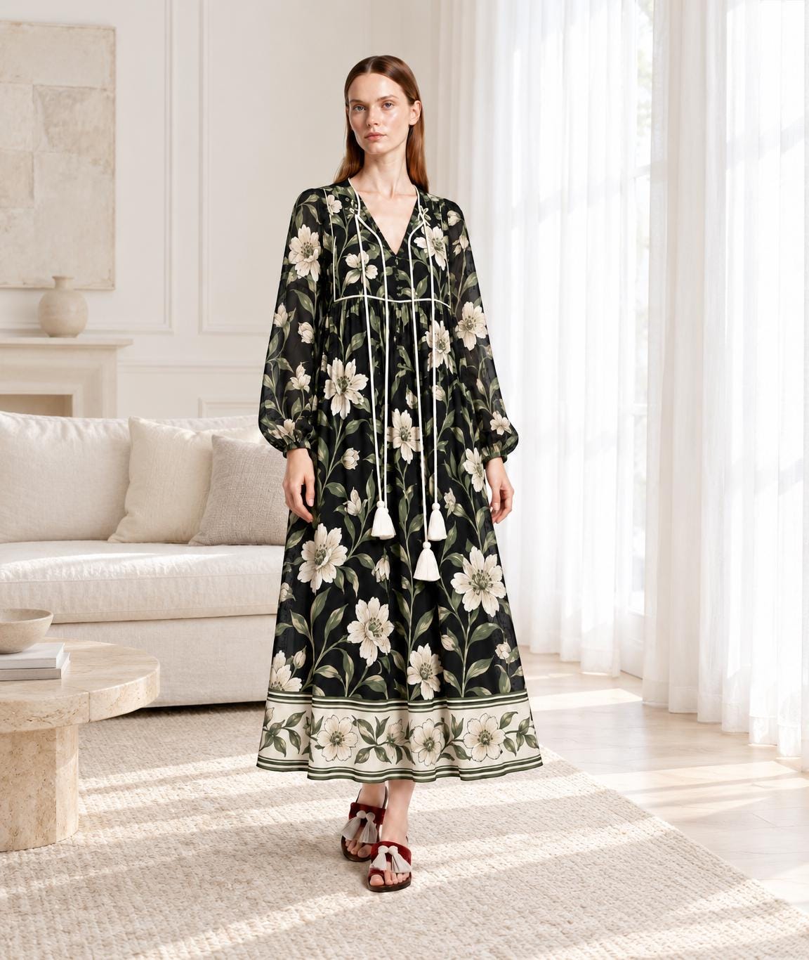 Black Floral Long Sleeve Dress with Ivory Botanical Border Print and V Neck