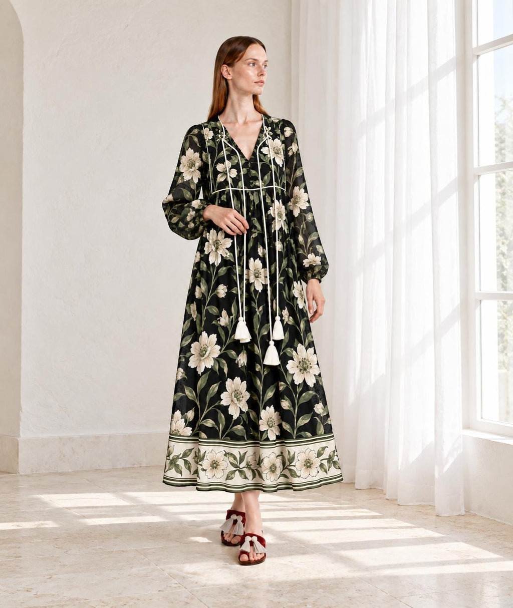 Black Floral Long Sleeve Dress with Ivory Botanical Border Print and V Neck