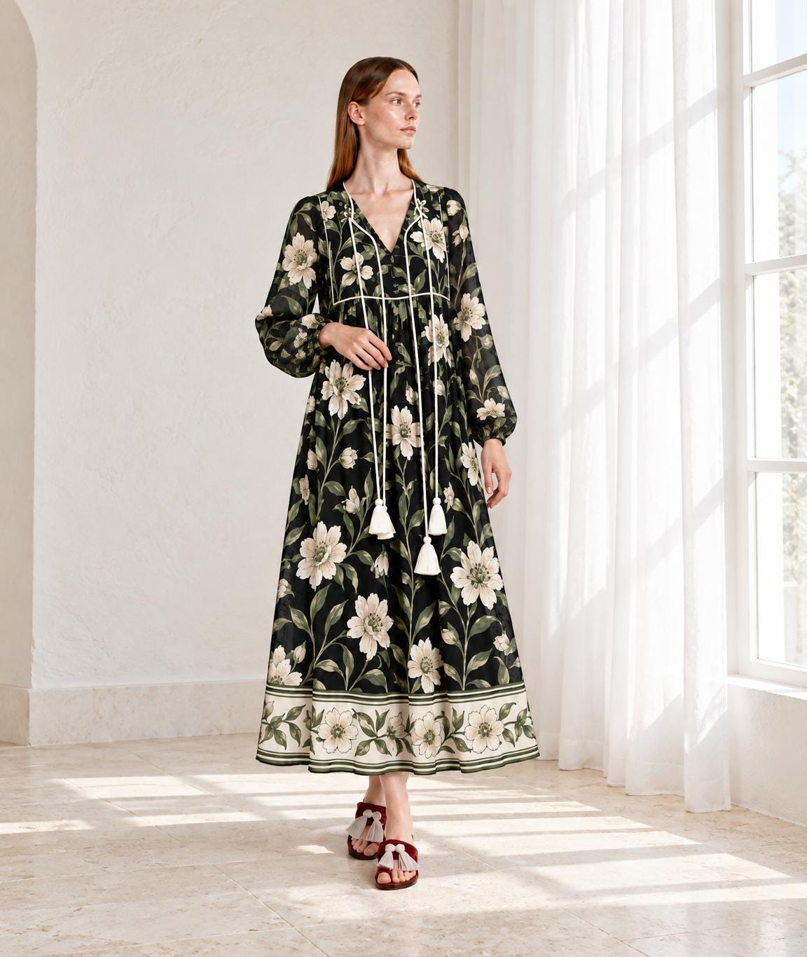 Black Floral Long Sleeve Dress with Ivory Botanical Border Print and V Neck