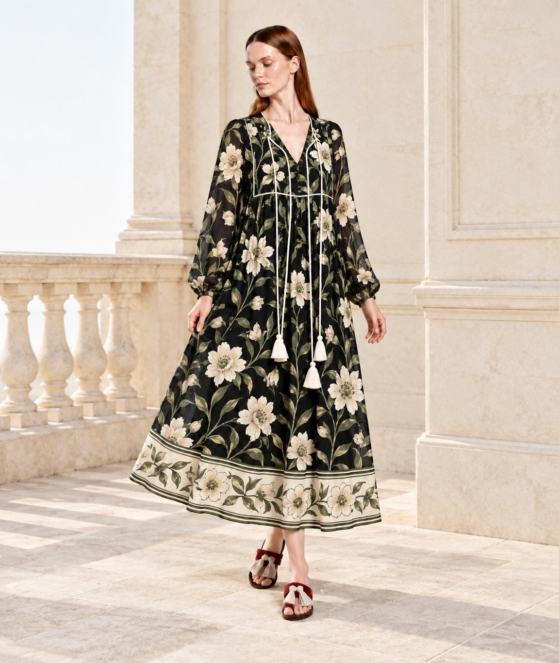 Black Floral Long Sleeve Dress with Ivory Botanical Border Print and V Neck