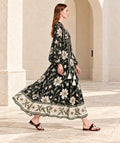 Black Floral Long Sleeve Dress with Ivory Botanical Border Print and V Neck
