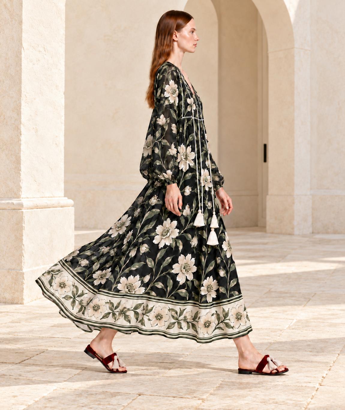 Black Floral Long Sleeve Dress with Ivory Botanical Border Print and V Neck