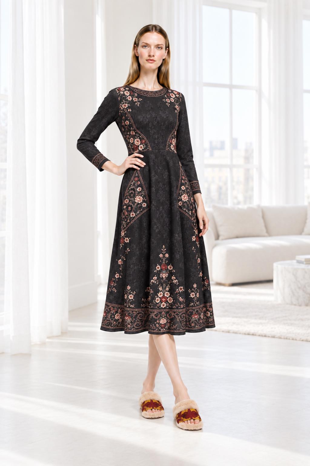 Black Floral Midi Dress with Long Sleeves and Ornate Border Print