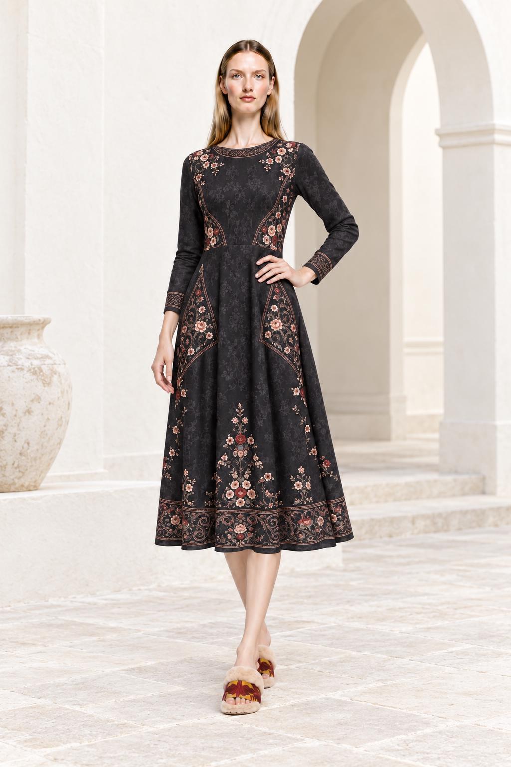 Black Floral Midi Dress with Long Sleeves and Ornate Border Print