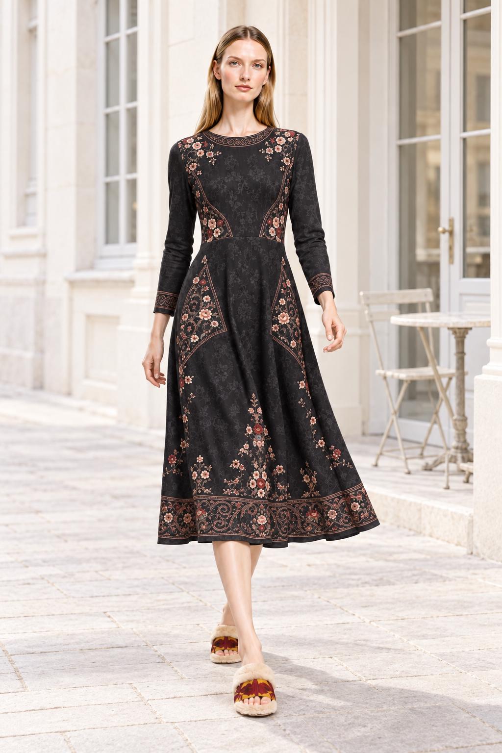 Black Floral Midi Dress with Long Sleeves and Ornate Border Print