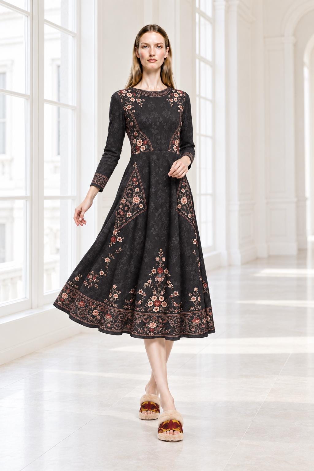 Black Floral Midi Dress with Long Sleeves and Ornate Border Print