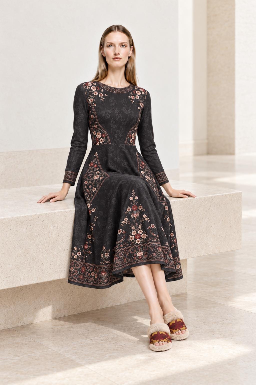 Black Floral Midi Dress with Long Sleeves and Ornate Border Print