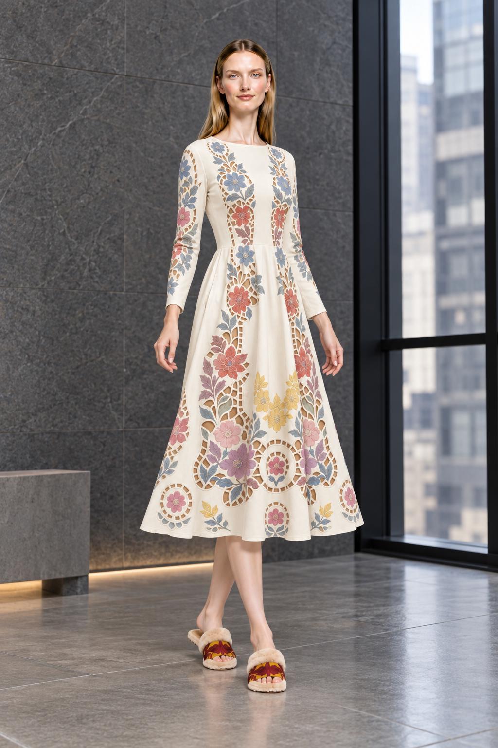 Ivory Floral Midi Dress with Long Sleeves and Eyelet Inspired Print