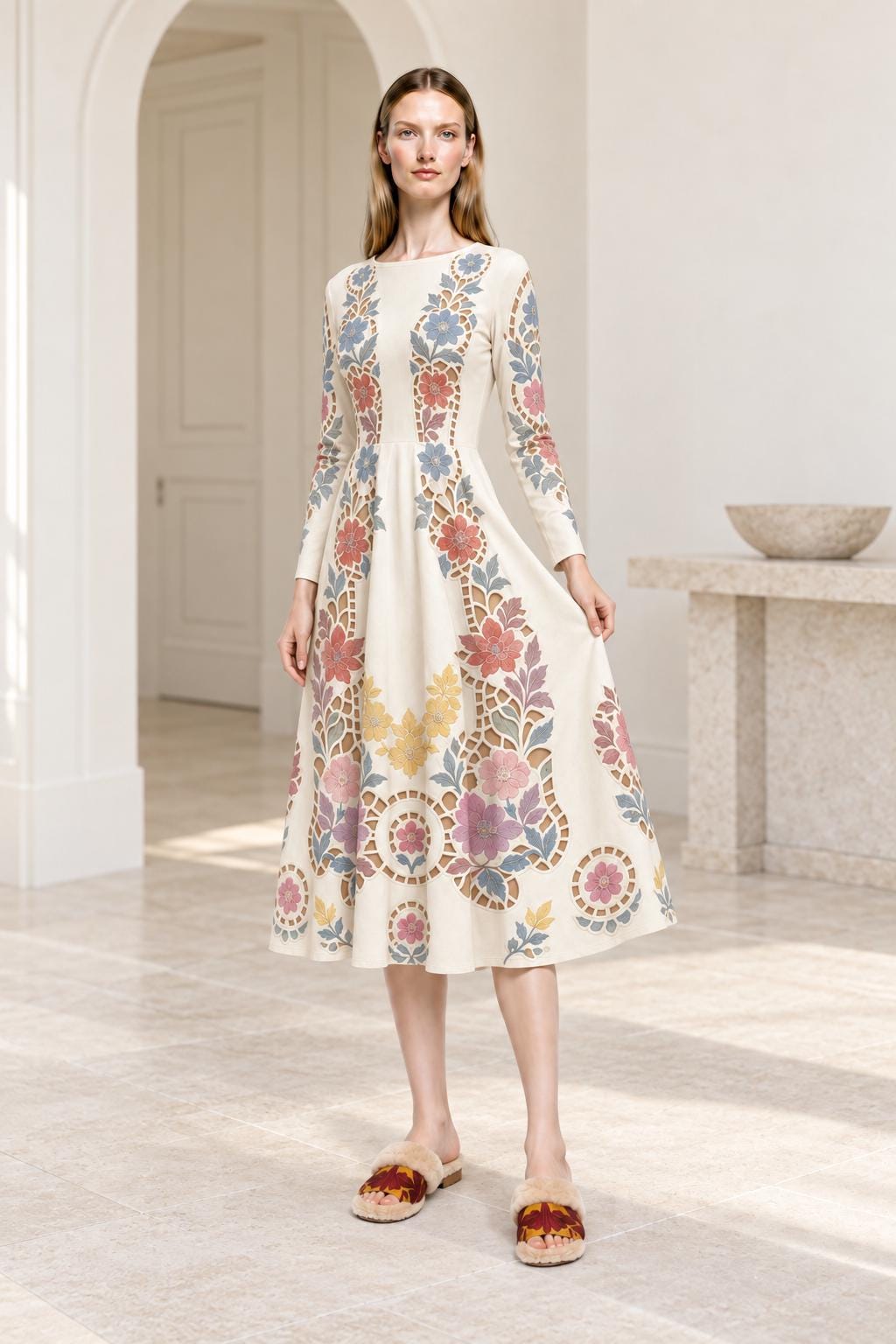 Ivory Floral Midi Dress with Long Sleeves and Eyelet Inspired Print