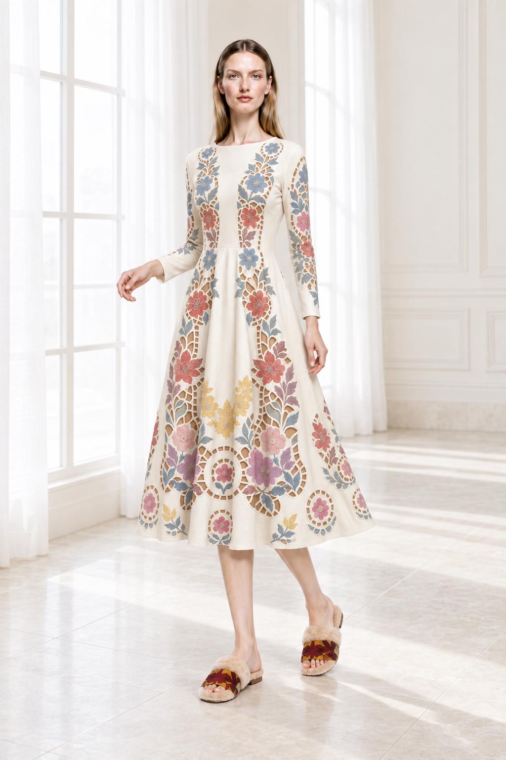 Ivory Floral Midi Dress with Long Sleeves and Eyelet Inspired Print