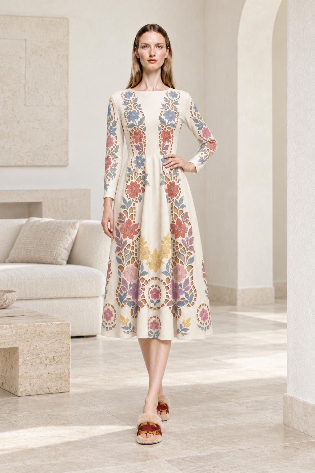 Ivory Floral Midi Dress with Long Sleeves and Eyelet Inspired Print