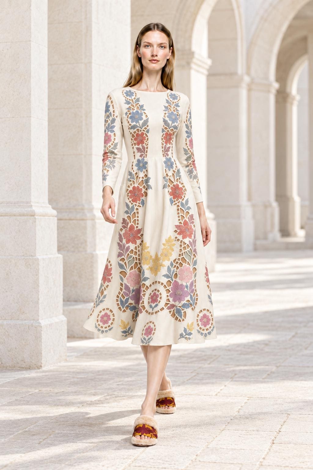 Ivory Floral Midi Dress with Long Sleeves and Eyelet Inspired Print