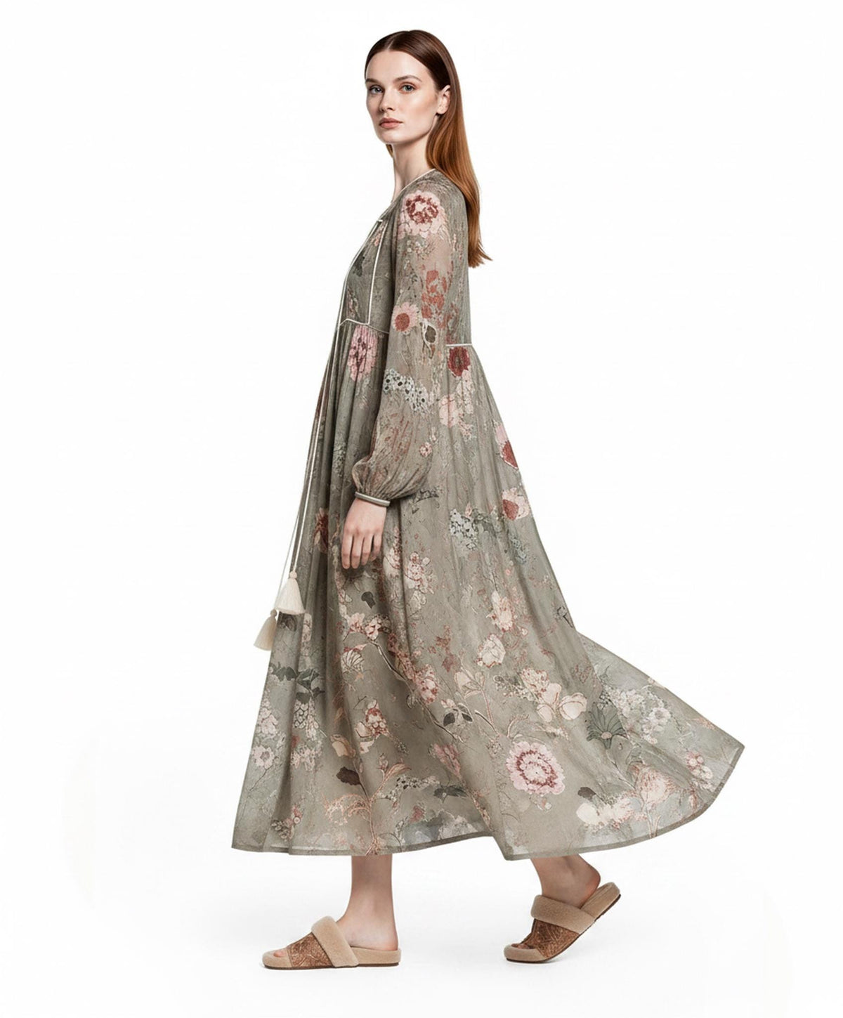 Sage Green Floral Maxi Dress with Long Bishop Sleeves and V-Neck