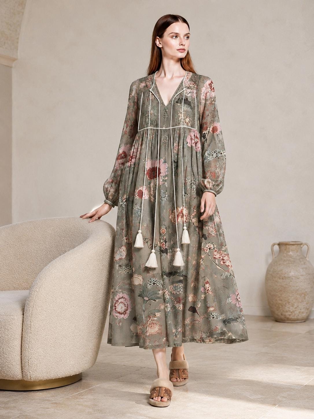 Sage Green Floral Maxi Dress with Long Bishop Sleeves and V-Neck