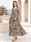 Sage Green Floral Maxi Dress with Long Bishop Sleeves and V-Neck
