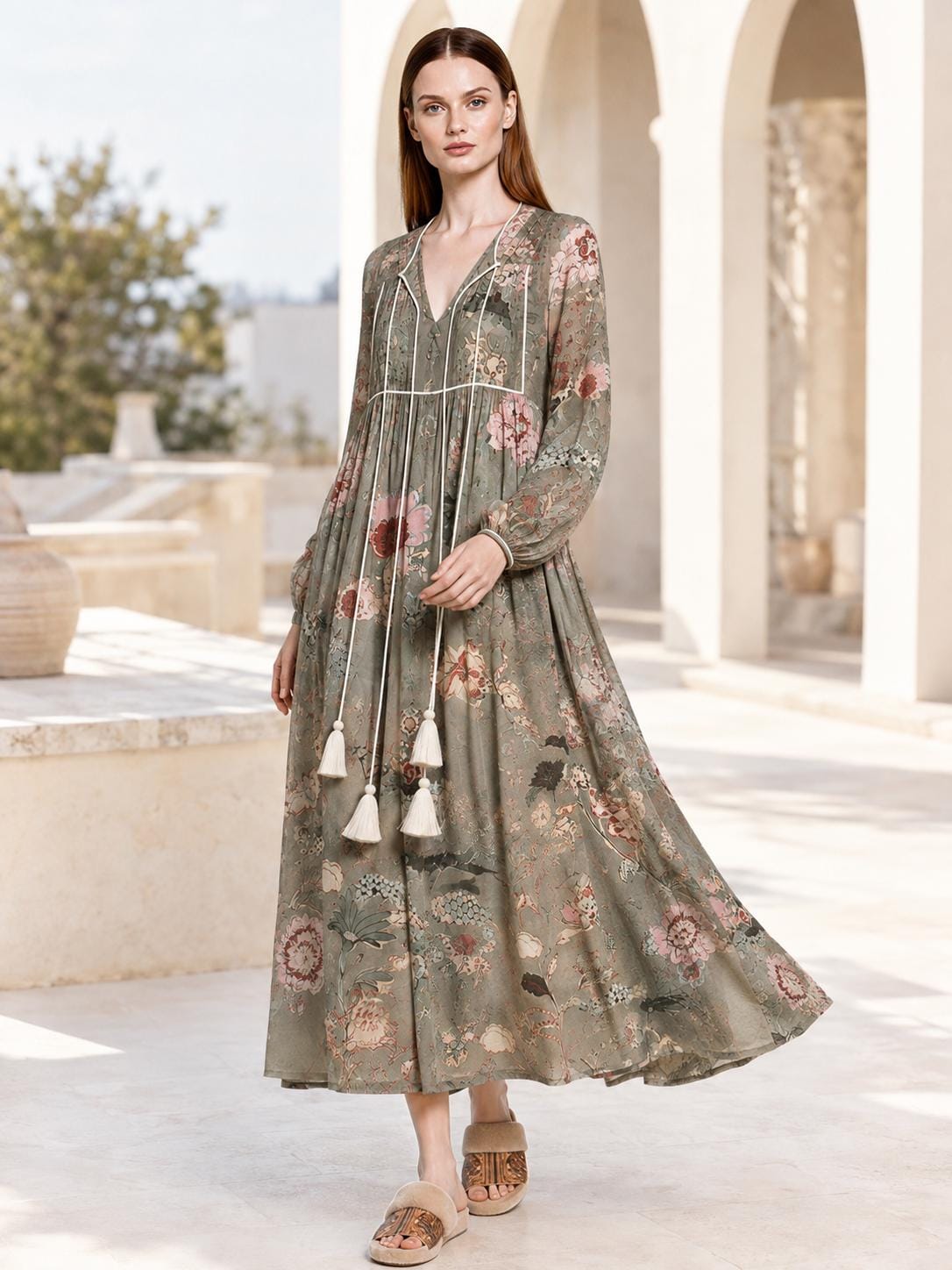 Sage Green Floral Maxi Dress with Long Bishop Sleeves and V-Neck