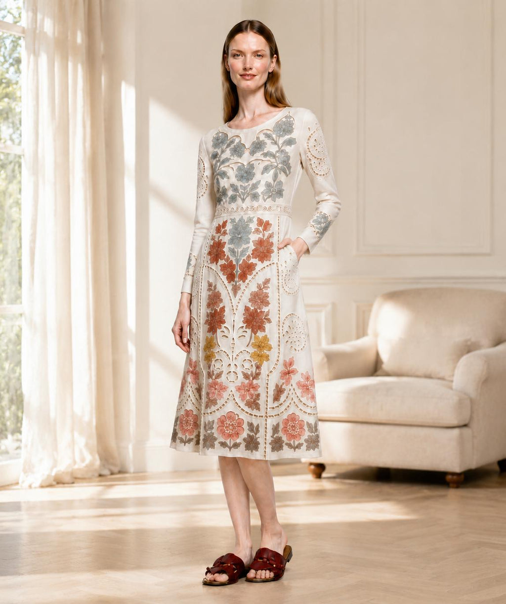 Ivory Floral Midi Dress with Eyelet-Inspired Print, Long Sleeves and Pockets