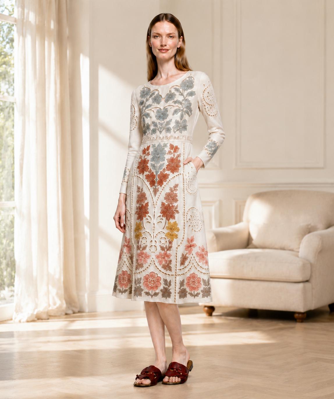 Ivory Floral Midi Dress with Eyelet-Inspired Print, Long Sleeves and Pockets