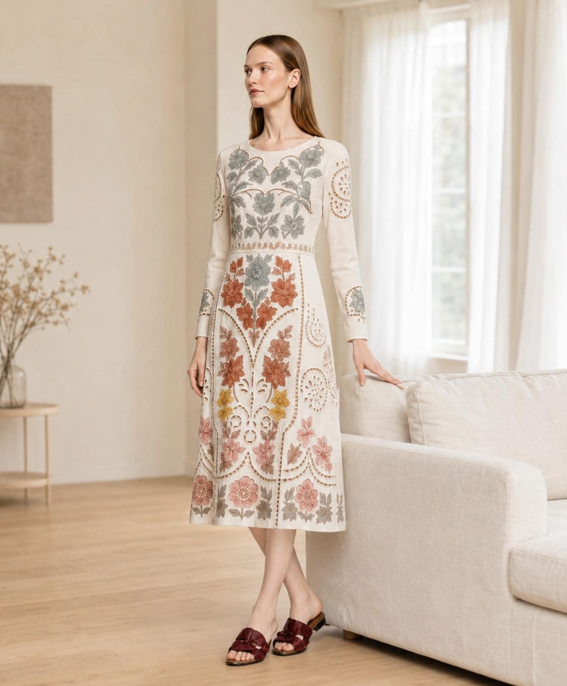 Ivory Floral Midi Dress with Eyelet-Inspired Print, Long Sleeves and Pockets