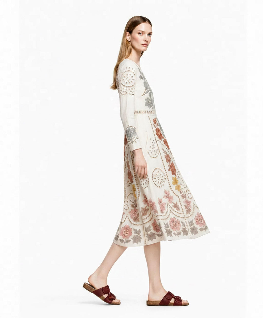 Ivory Floral Midi Dress with Eyelet-Inspired Print, Long Sleeves and Pockets