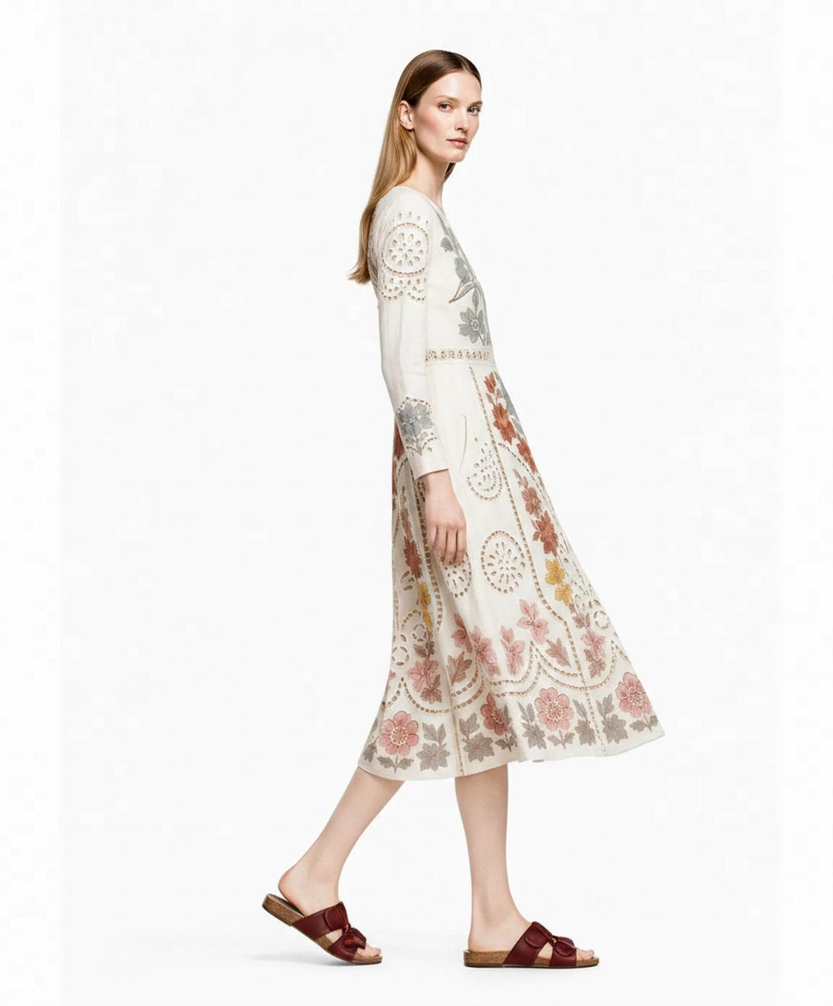 Ivory Floral Midi Dress with Eyelet-Inspired Print, Long Sleeves and Pockets