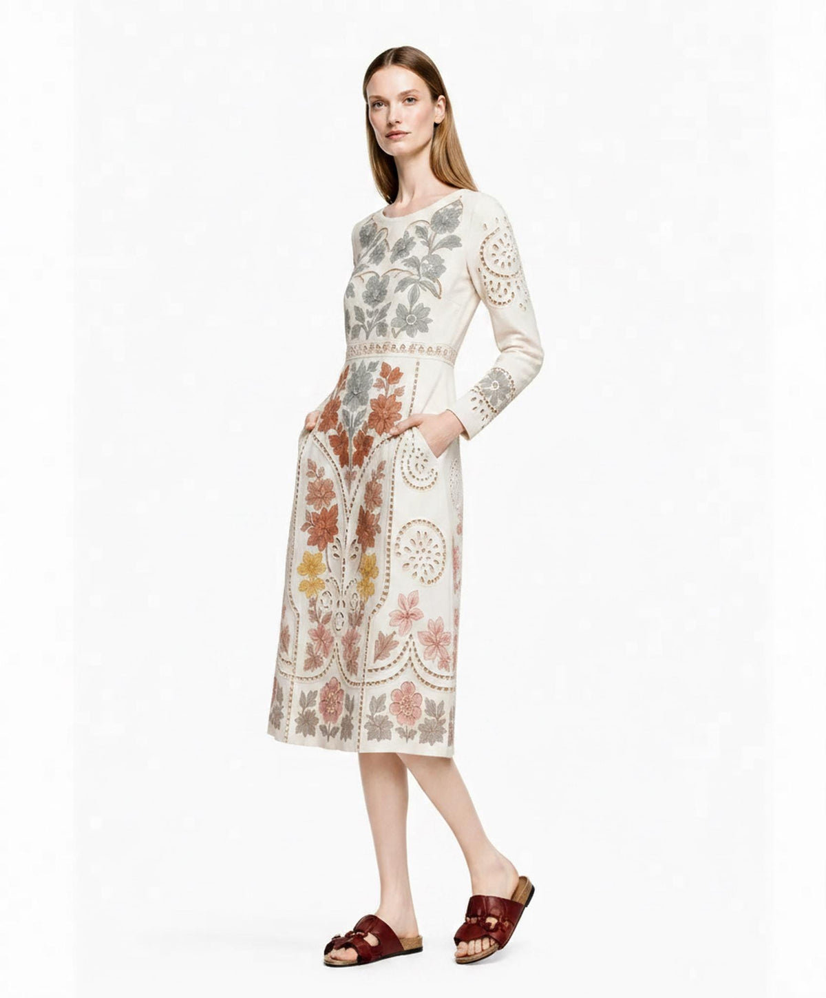 Ivory Floral Midi Dress with Eyelet-Inspired Print, Long Sleeves and Pockets