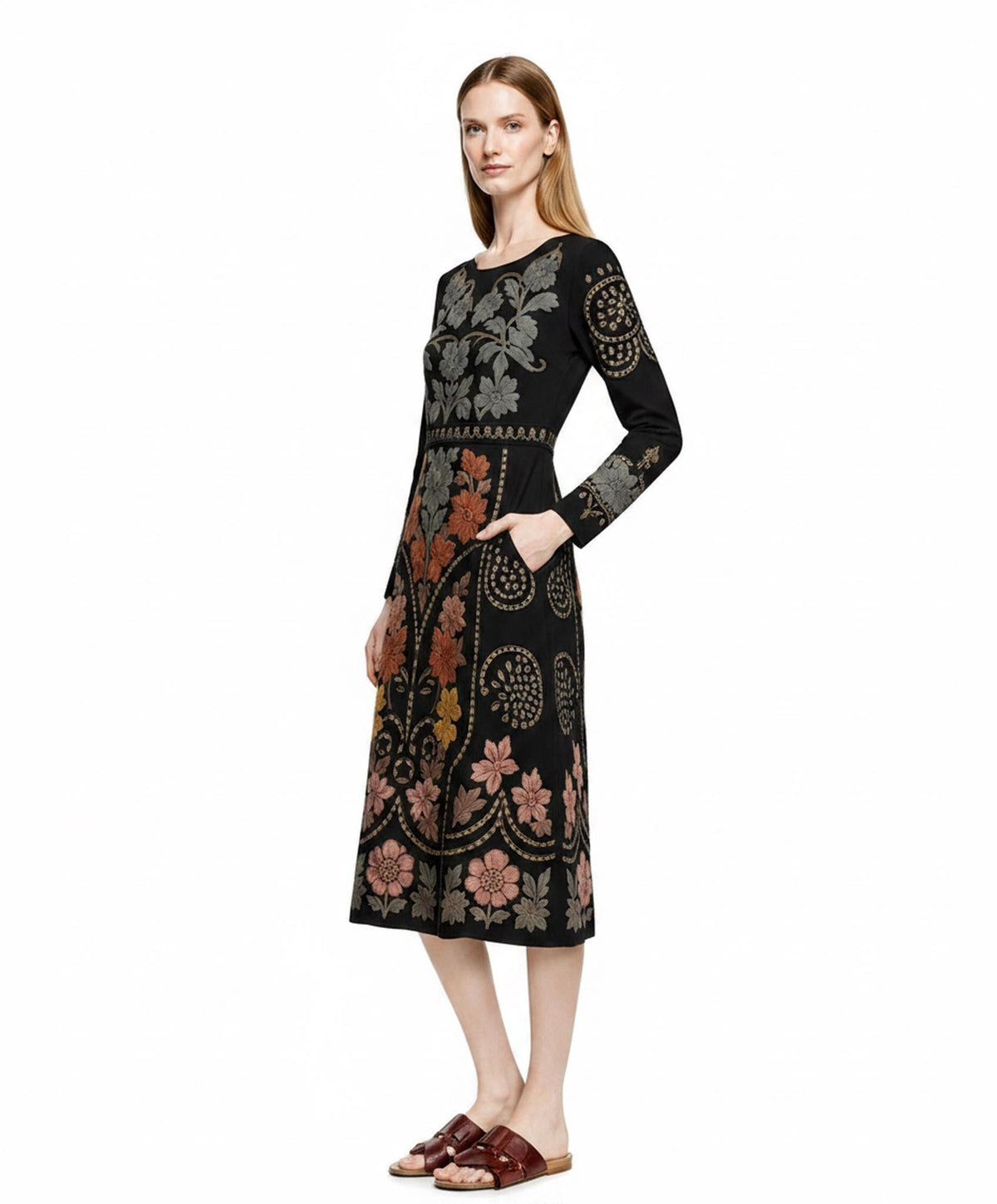 Black Floral Midi Dress with Eyelet-Inspired Print, Long Sleeves and Pockets