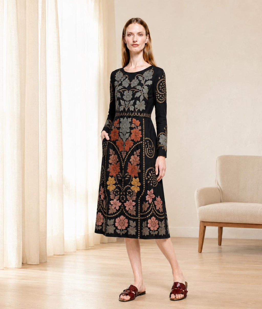 Black Floral Midi Dress with Eyelet-Inspired Print, Long Sleeves and Pockets