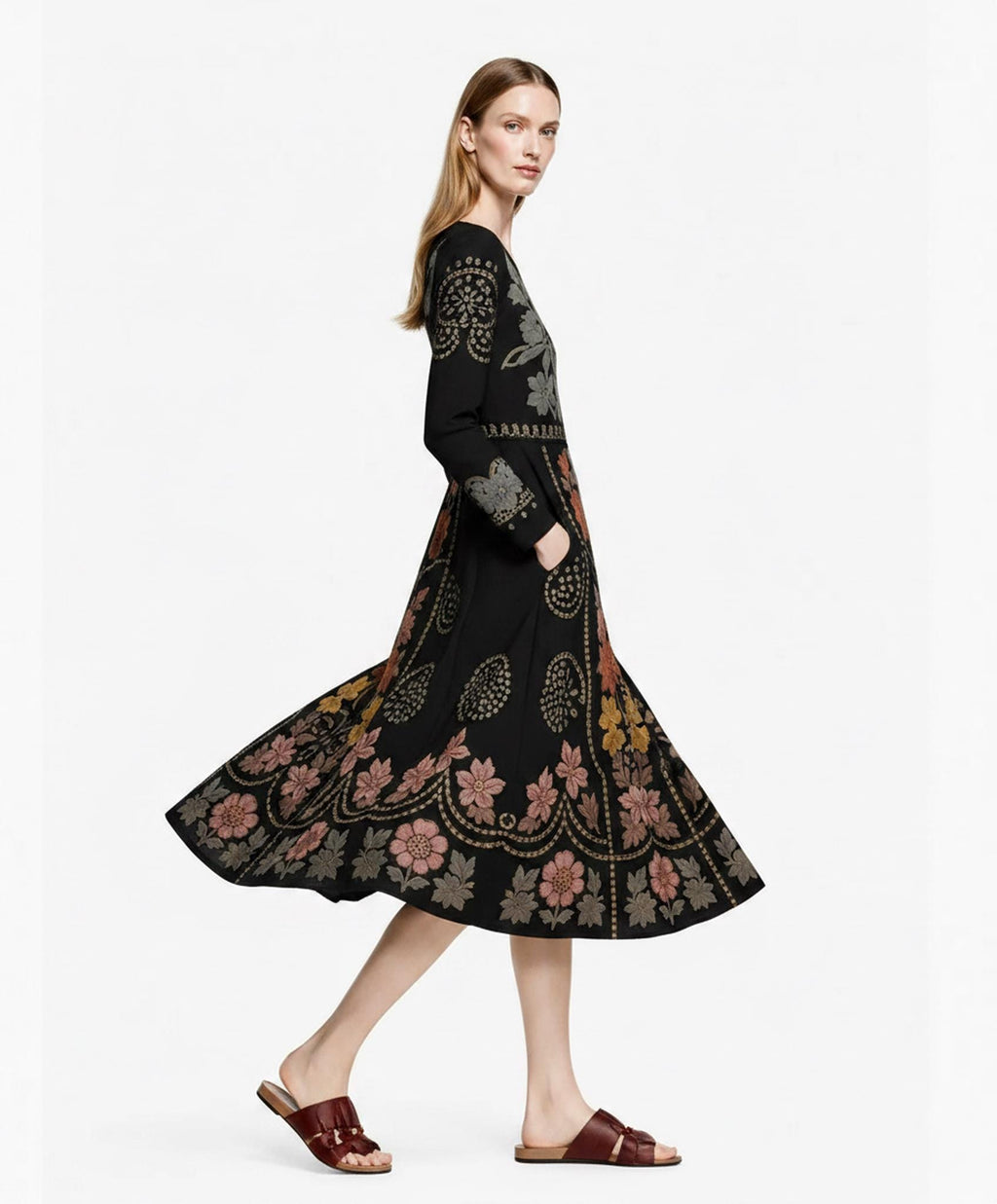 Black Floral Midi Dress with Eyelet-Inspired Print, Long Sleeves and Pockets
