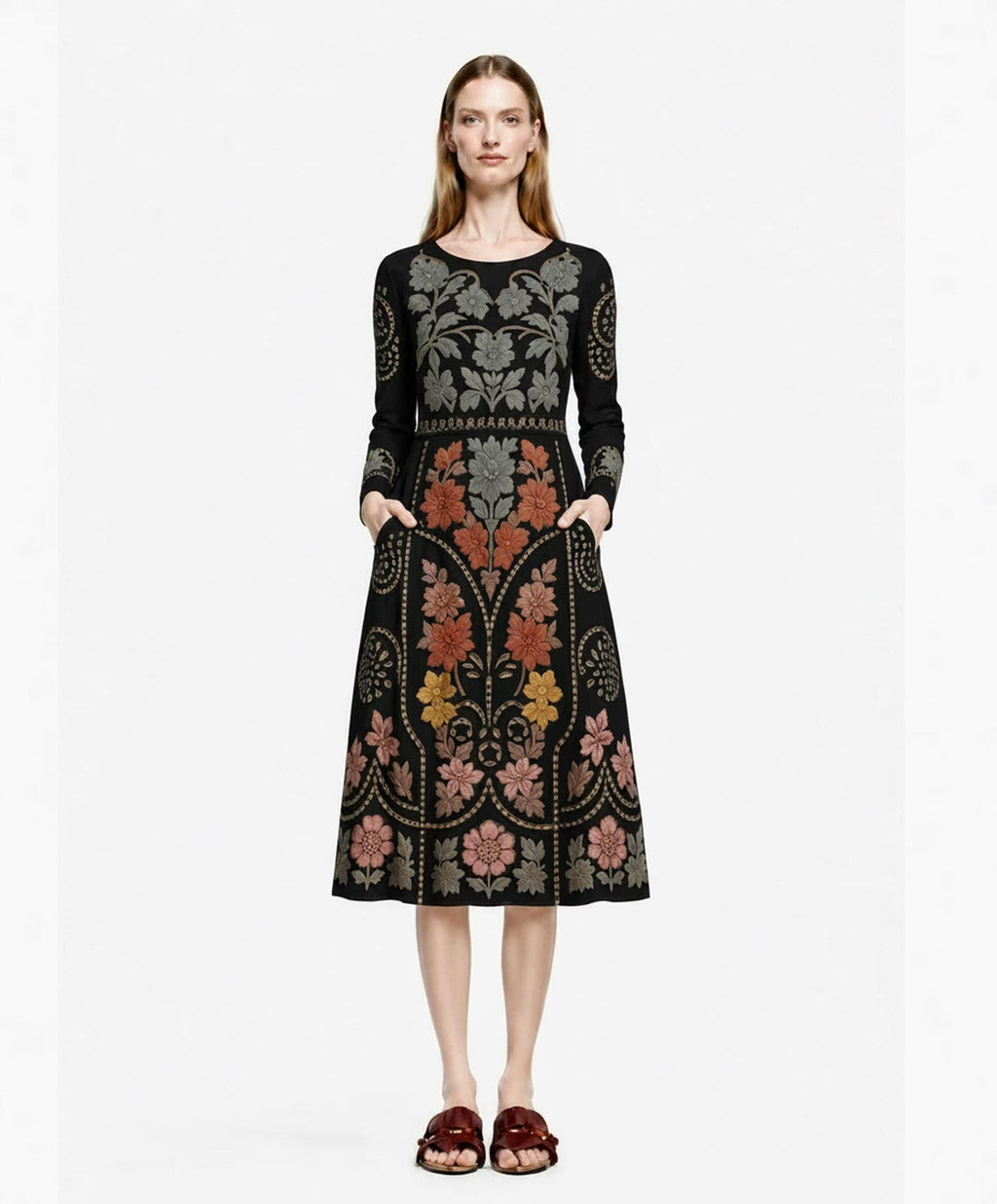 Black Floral Midi Dress with Eyelet-Inspired Print, Long Sleeves and Pockets