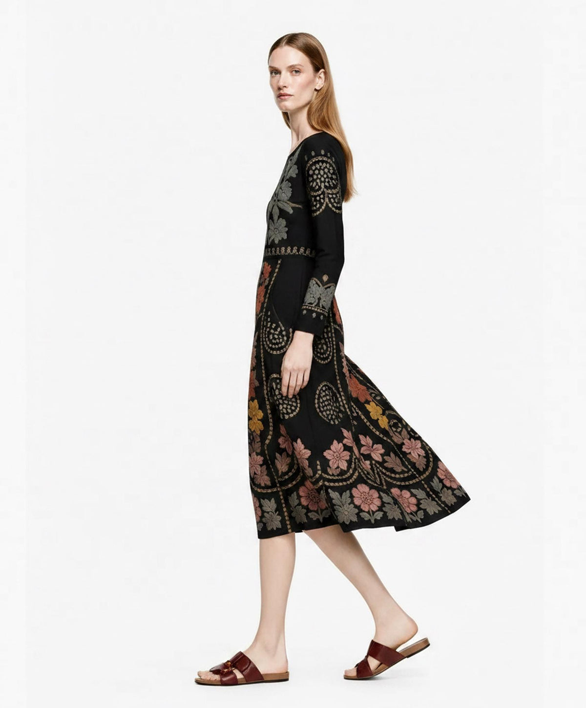 Black Floral Midi Dress with Eyelet-Inspired Print, Long Sleeves and Pockets