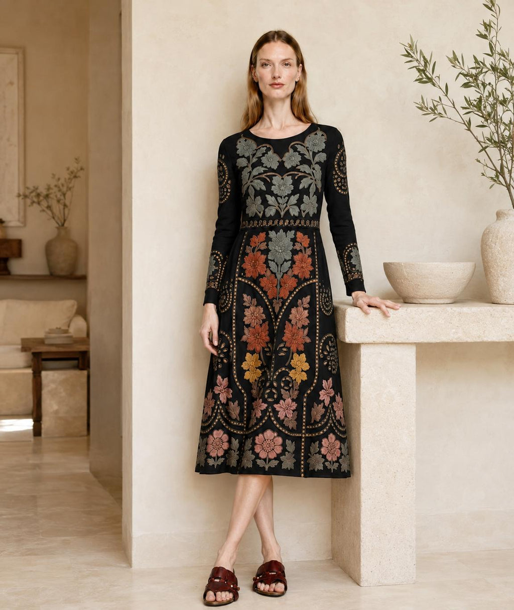 Black Floral Midi Dress with Eyelet-Inspired Print, Long Sleeves and Pockets