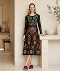 Black Floral Midi Dress with Eyelet-Inspired Print, Long Sleeves and Pockets