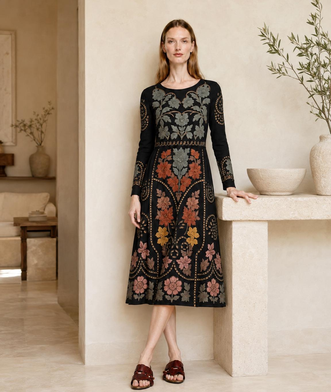 Black Floral Midi Dress with Eyelet-Inspired Print, Long Sleeves and Pockets