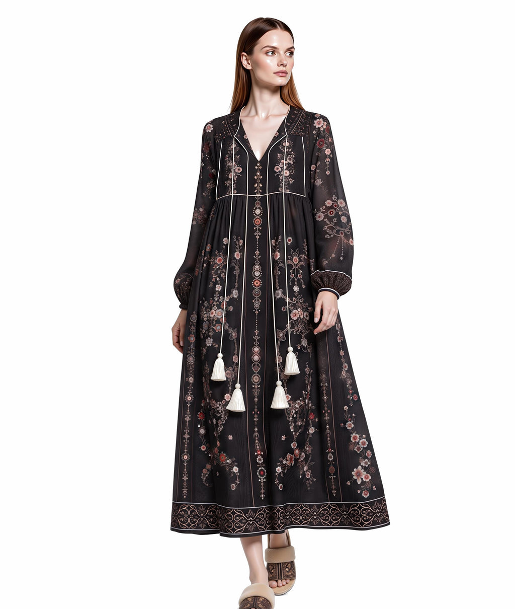 Black Floral Maxi Dress with Embroidery-Inspired Print, Tassel Ties and Long Sleeves