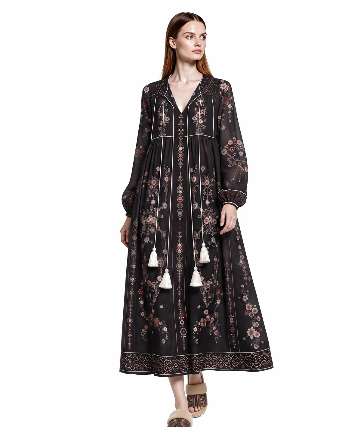 Black Floral Maxi Dress with Embroidery-Inspired Print, Tassel Ties and Long Sleeves