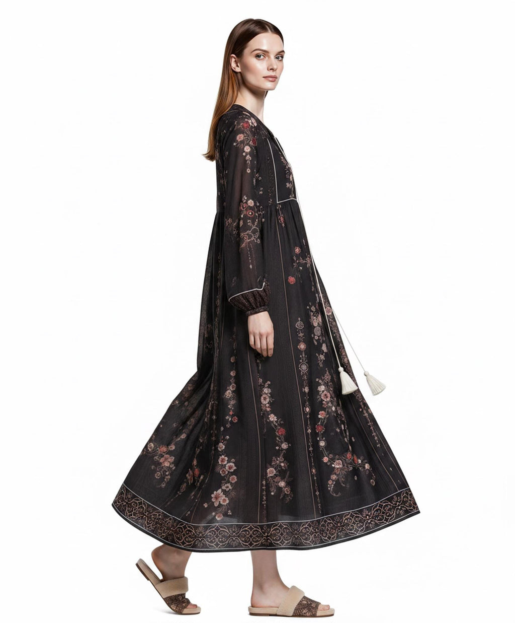Black Floral Maxi Dress with Embroidery-Inspired Print, Tassel Ties and Long Sleeves