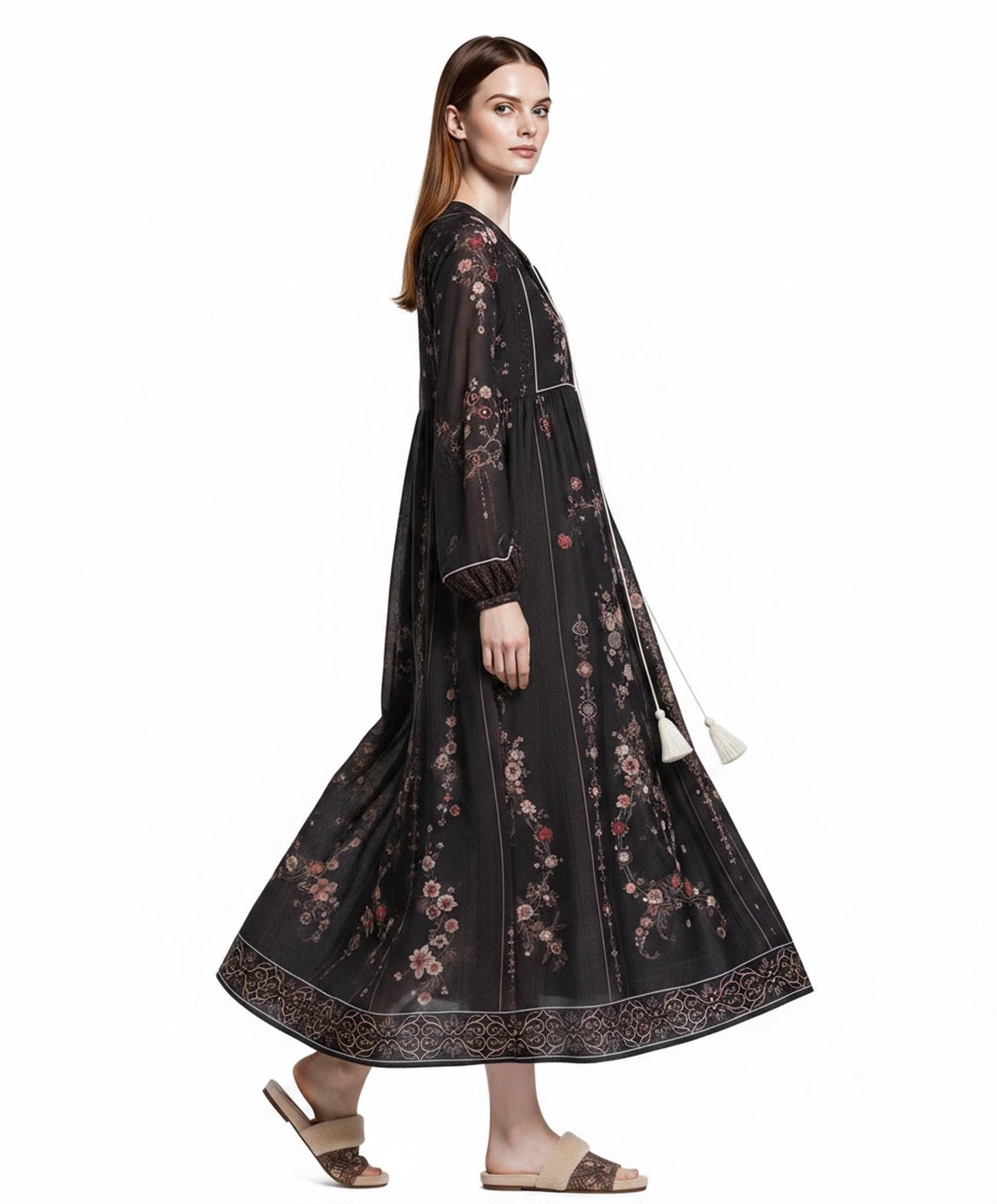Black Floral Maxi Dress with Embroidery-Inspired Print, Tassel Ties and Long Sleeves